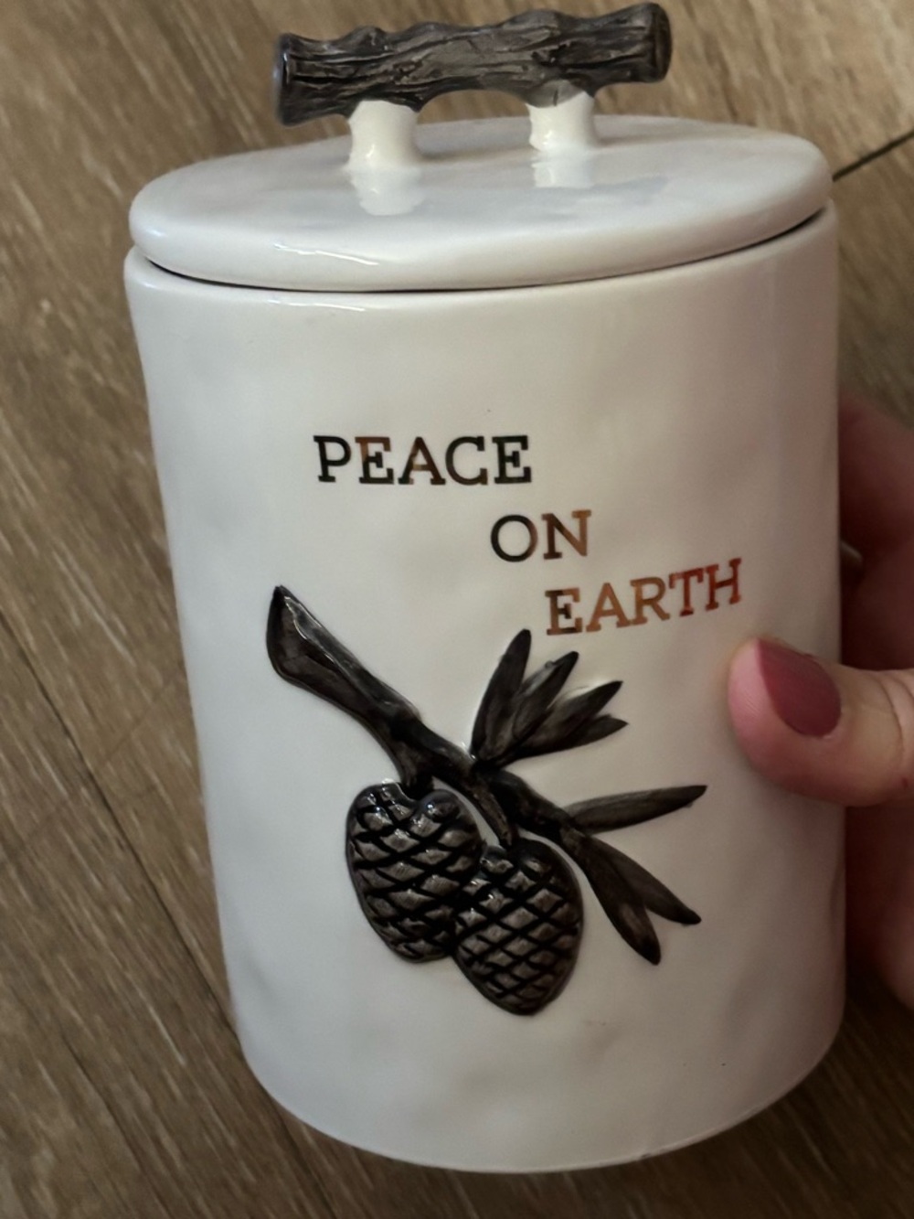 Magenta Peace On Earth Canister Ceramic Jar w Lid Pinecone Holiday NWT